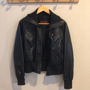 Slim Fit Black Leather Bomber Jacket by BCBG